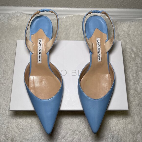 Manolo Blahnik Leather Slingback Kitten Heel in light blue, size 10.5B 40.5 - Picture 3 of 10